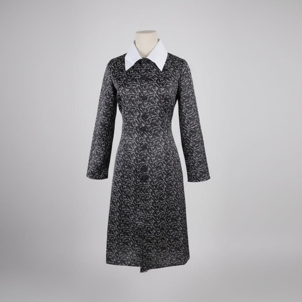Damen-Gothic-Schulkostüm für Halloween, schwarzes Kleid, lange Ärmel, spitzer weißer Kragen
