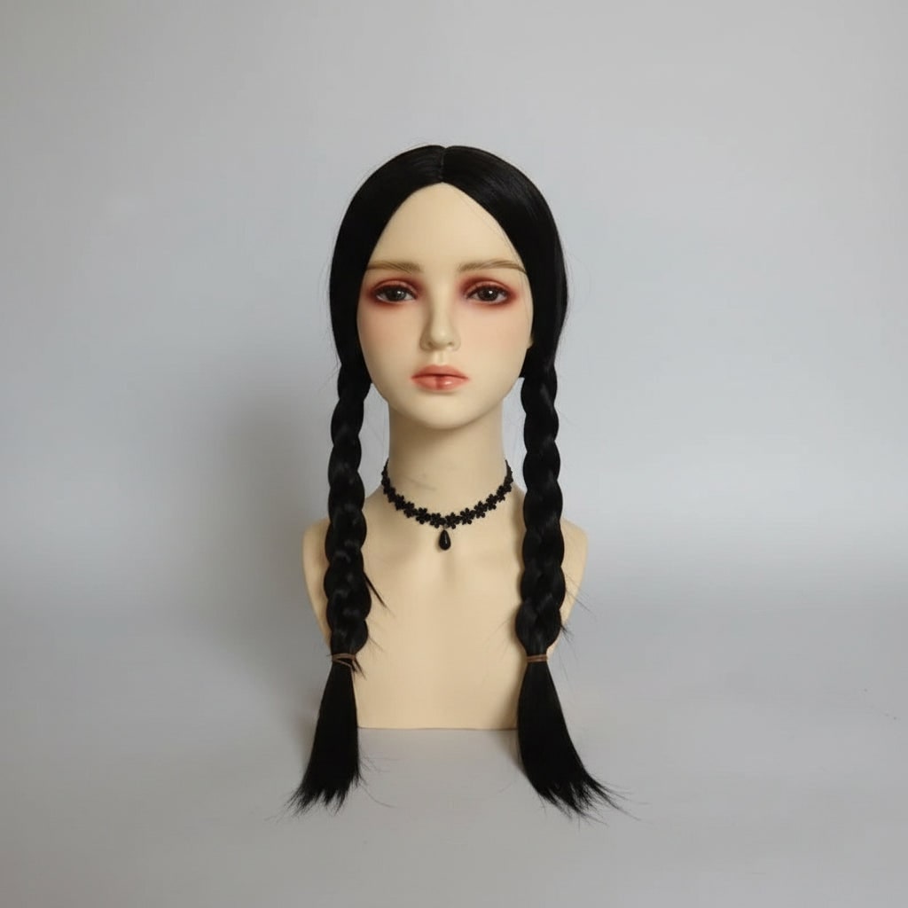 Damen-Gothic-Schulkostüm für Halloween, schwarzes Kleid, lange Ärmel, spitzer weißer Kragen