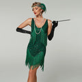 Abito flapper da donna con frange e paillettes, orlo mini, scollo a V