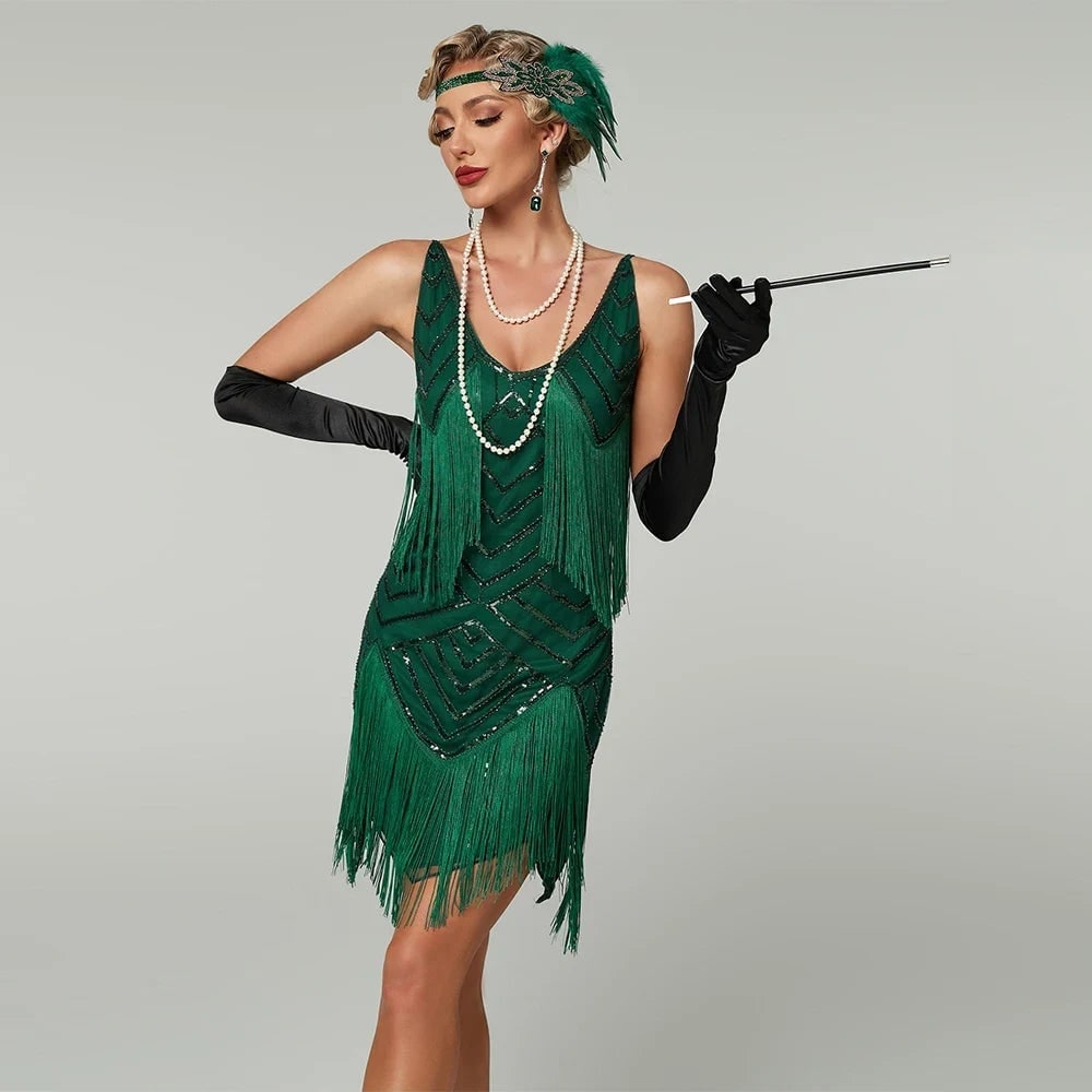Abito flapper da donna con frange e paillettes, orlo mini, scollo a V