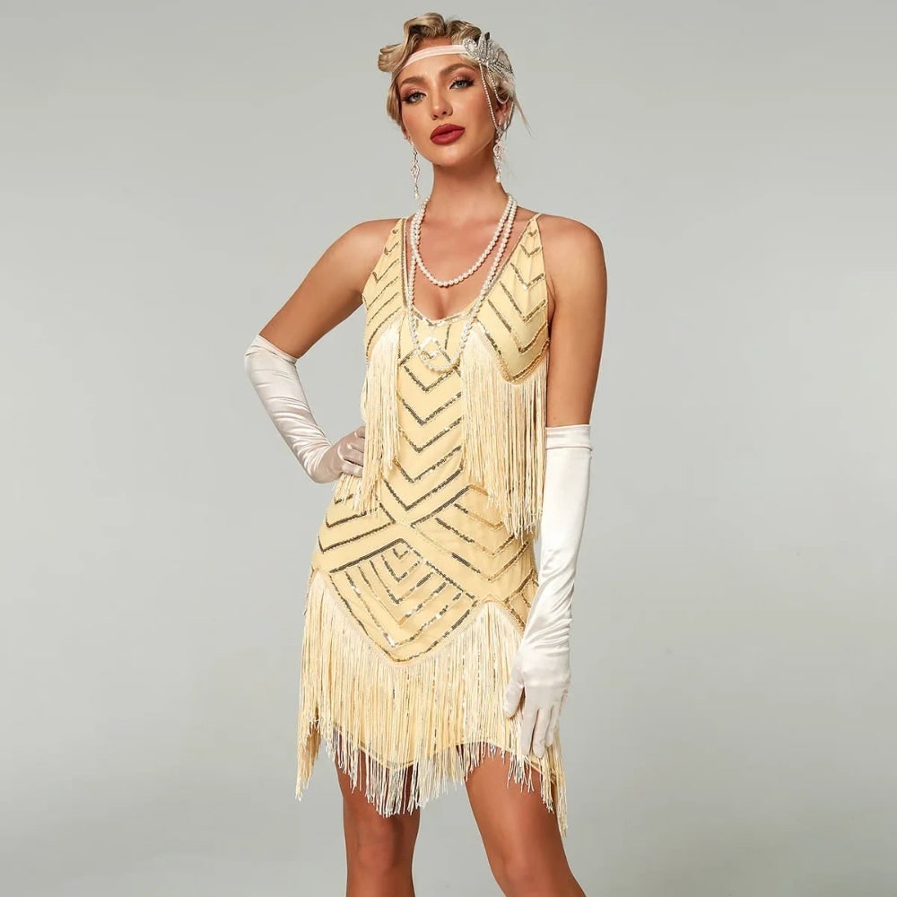 Abito flapper da donna con frange e paillettes, orlo mini, scollo a V