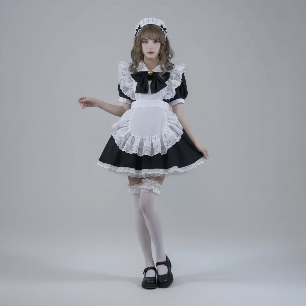プラスサイズ女性用フレンチメイドコスチュームドレス ― エプロンとパフスリーブ