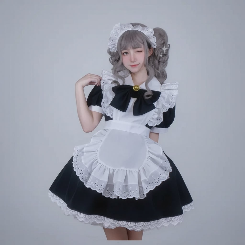 プラスサイズ女性用フレンチメイドコスチュームドレス ― エプロンとパフスリーブ
