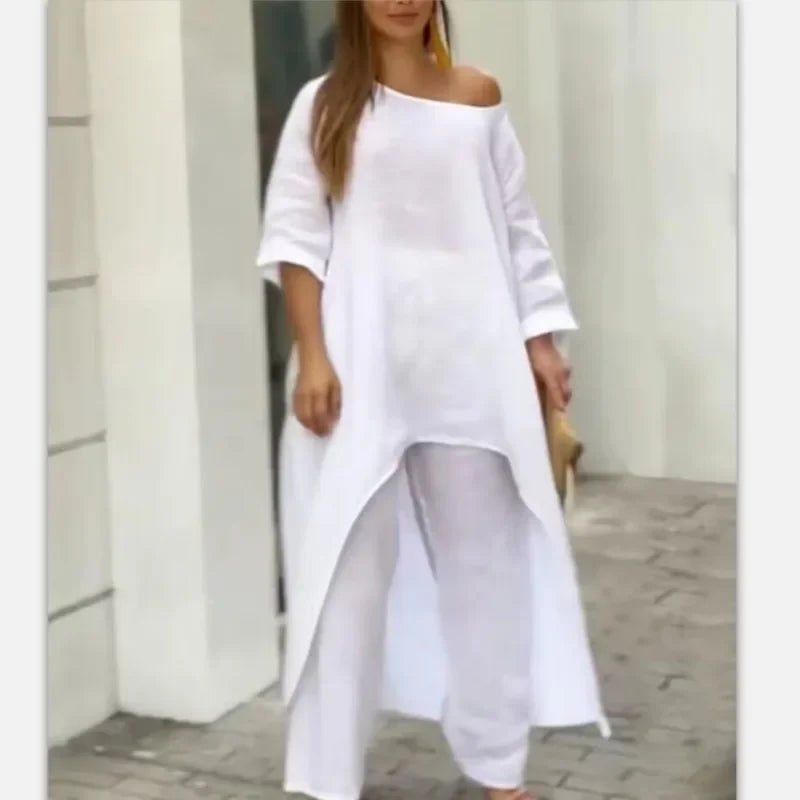 Women's Linen Two Piece Set: Asymmetrical Tunic, Wide Leg Pants