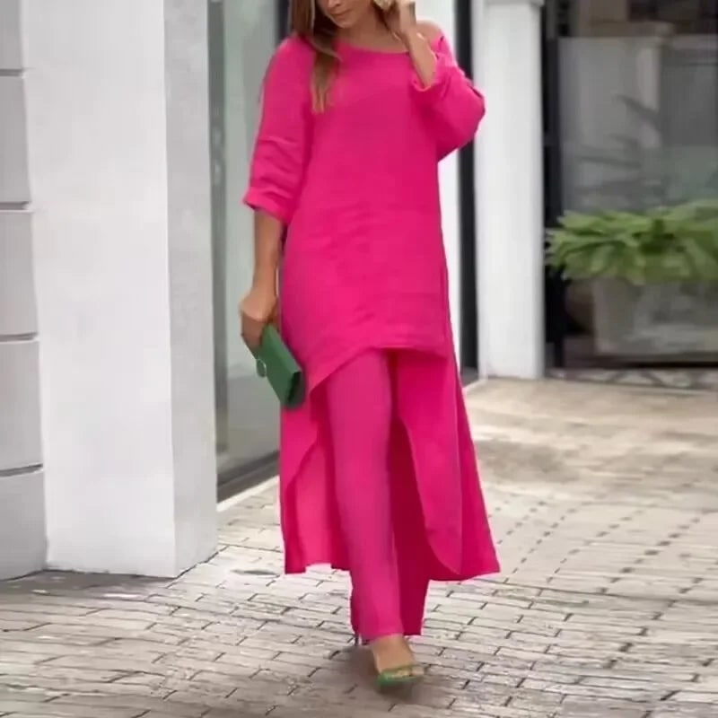Women's Linen Two Piece Set: Asymmetrical Tunic, Wide Leg Pants
