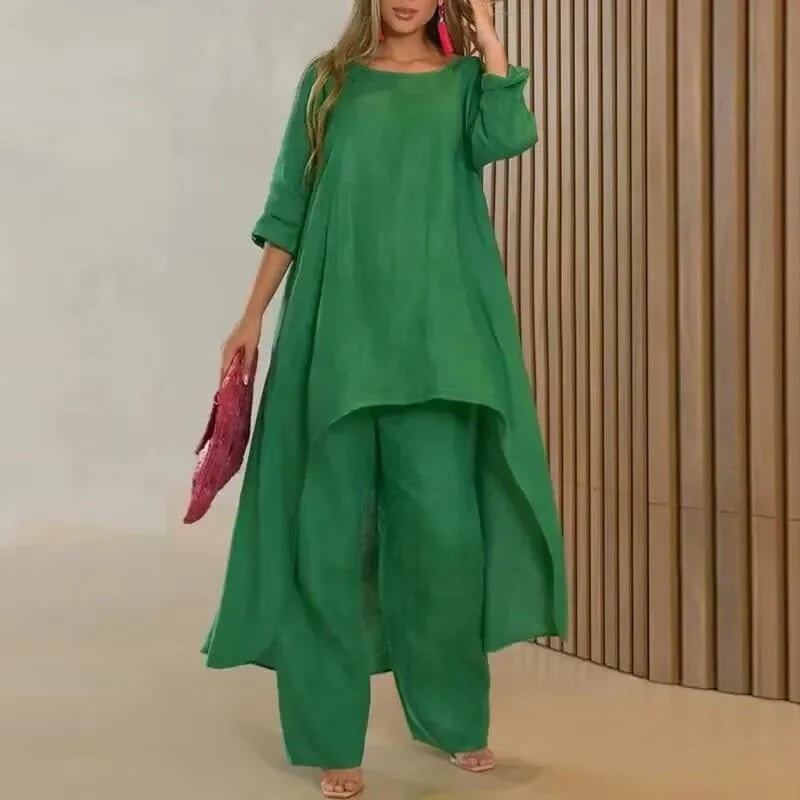 Women's Linen Two Piece Set: Asymmetrical Tunic, Wide Leg Pants