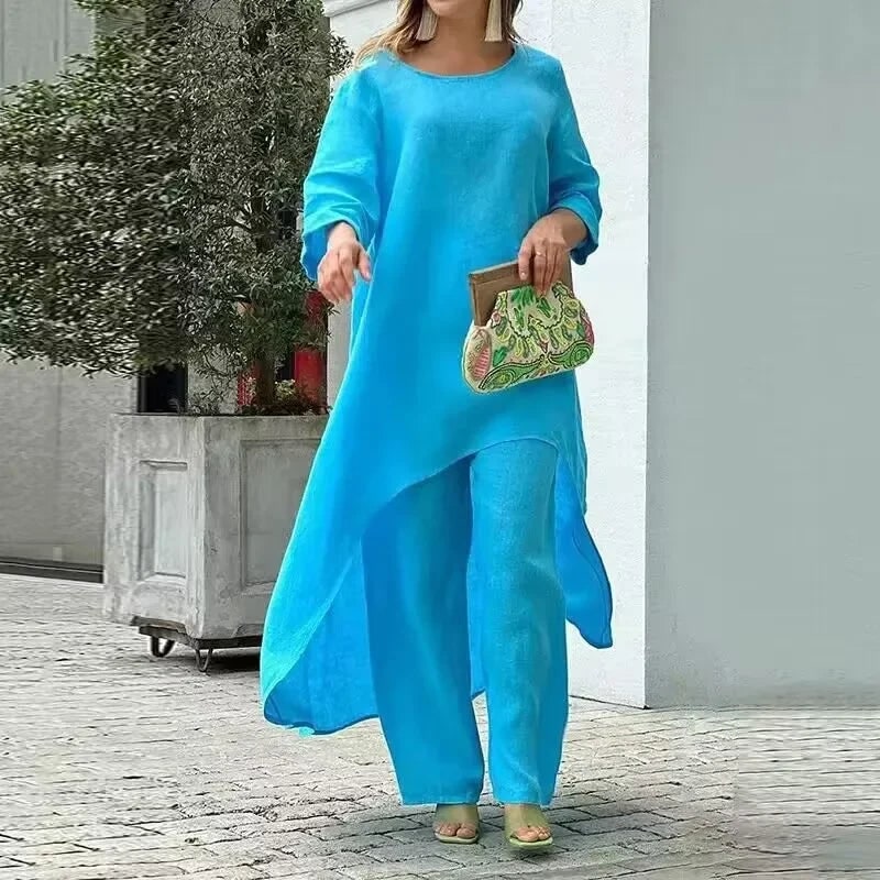 Women's Linen Two Piece Set: Asymmetrical Tunic, Wide Leg Pants