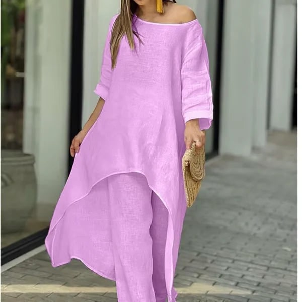 Women's Linen Two Piece Set: Asymmetrical Tunic, Wide Leg Pants