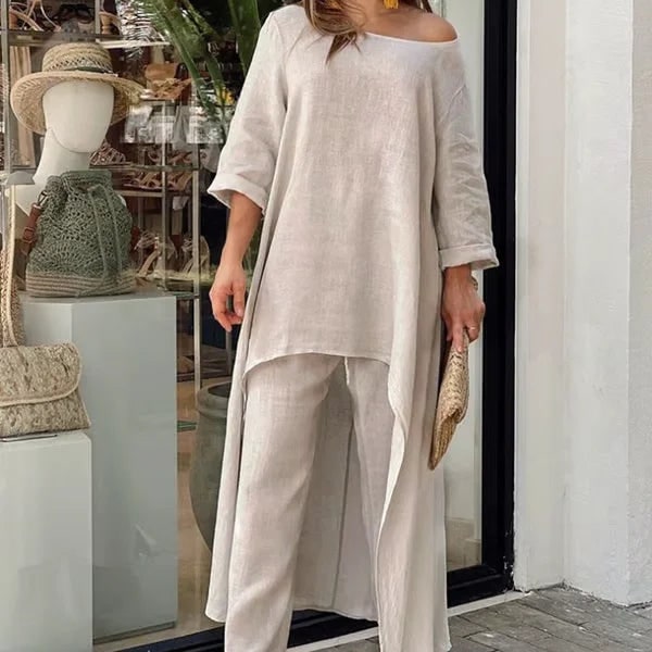 Women's Linen Two Piece Set: Asymmetrical Tunic, Wide Leg Pants