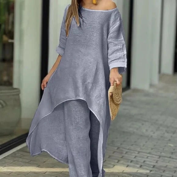 Women's Linen Two Piece Set: Asymmetrical Tunic, Wide Leg Pants