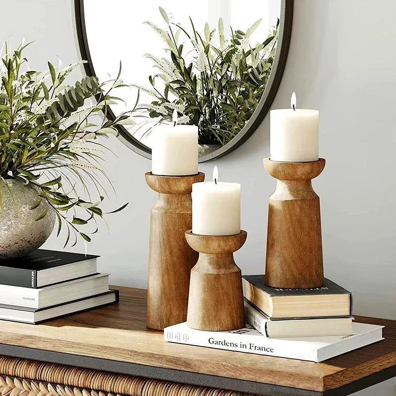 Turned Wooden Candle Holders 3 Piece Set Graduated Heights Natural Brown Finish