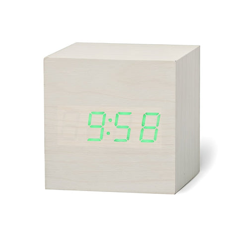 Relógio despertador digital LED com design cúbico e acabamento de madeira, visor de temperatura e hora