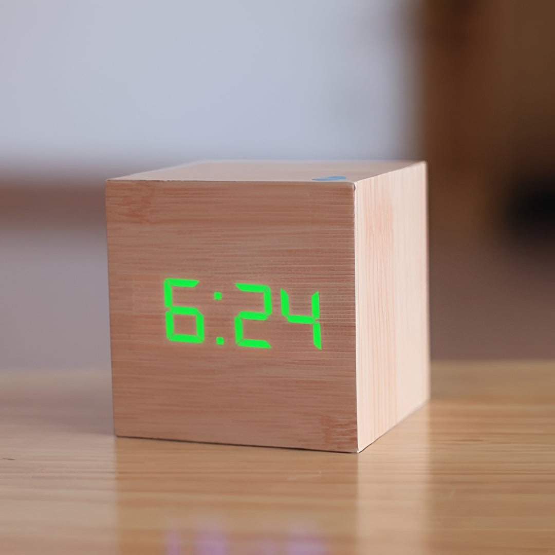 Digitale ledwekker in kubusvorm met houtnerfdesign, temperatuur- en tijdweergave